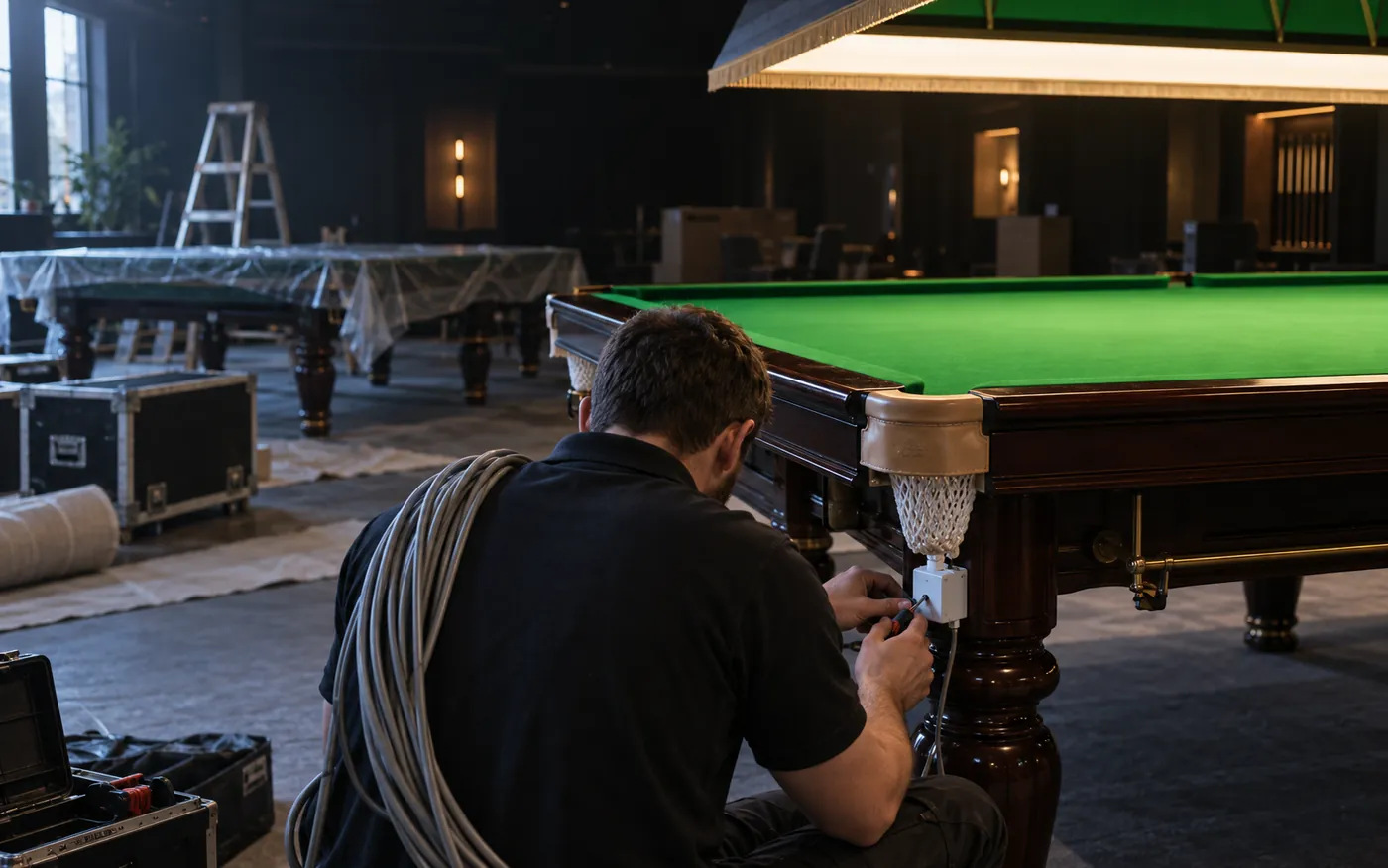 Technician installing Snooker King hardware at a snooker table